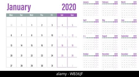 Kalender Planer 2020 Vorlage vector Illustration alle 12 Monate Woche beginnt am Montag und an Wochenenden am Samstag und Sonntag Stock Vektor