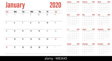 Kalender Planer 2020 Vorlage vector Illustration alle 12 Monate Woche beginnt am Sonntag und an den Wochenenden Samstag und Sonntag Stock Vektor