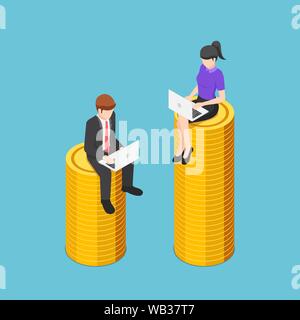 Wohnung 3 d isometrische Geschäftsmann und Geschäftsfrau arbeiten während der Sitzung auf unterschiedliche Größe der Münzen stapeln. Business Wettbewerb und Geld zu machen. Stock Vektor