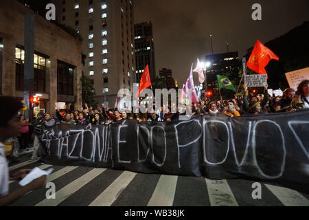 Sao Paulo, Brasilien. 23 August, 2019. AMAZONIA PROTEST - Menschen an einer Demonstration teilzunehmen, Aufruf zum Handeln auf dem Amazonas Dschungel Brände von der brasilianischen Regierung, in Sao Paulo, Brasilien, 23. August 2019. Die Intensivierung der Brände, die durch die Trockenheit, hohe Temperaturen und die Abholzung der Wälder im brasilianischen Amazonasgebiet verursacht wird, hat Kritik über Fehlen der brasilianischen Regierung bei der Aktion gezogen. Credit: Cris Fafa/ZUMA Draht/Alamy leben Nachrichten Stockfoto