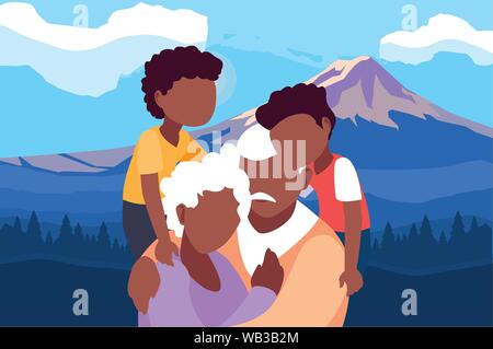Opa und Oma umarmen mit ihren grandchildrens Berge Landschaft - glückliche Großeltern-Tag Vector Illustration Stock Vektor