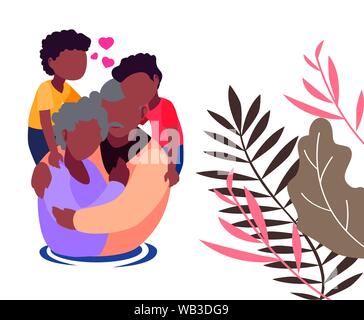 Opa und Oma umarmen mit ihren Grandchildrens - glückliche Großeltern-Tag Vector Illustration Stock Vektor