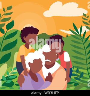 Opa und Oma umarmen mit ihren Grandchildrens - glückliche Großeltern-Tag Vector Illustration Stock Vektor