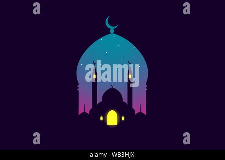 Moschee Silhouette in Nachthimmel mit Mond und abstraktes Licht für den Islam. Heiliges Fest eid Hintergrund. Ramadan Kareem Grußkarte mit Moscheen. Vektor arabische Illusrtation Stock Vektor