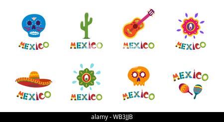 Mexiko Typografie Banner Kollektion mit bunten Text Dekoration Set. Festliche mexikanische Sombrero und Kaktus Vektor Latino Illustration ideal für nationale Feiertagsfeier Veranstaltung Stock Vektor