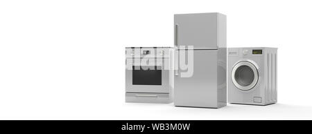 Weiße Haushaltsgeräte auf weißem Hintergrund isoliert, Banner kopieren. Kühlschrank, Elektroherd und Waschmaschine Trockner. 3D-Darstellung Stockfoto