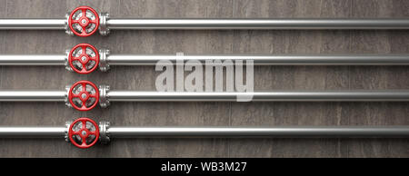 Öl- und Gasindustrie. Rohrleitungen und Ventile mit roten Räder System auf Braun wand hintergrund, Banner. 3D-Darstellung Stockfoto