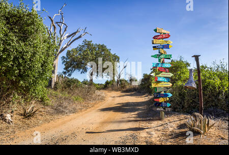 Lustig andere Welt Richtungen Wegweiser mit Abstand zu vielen verschiedenen Ländern Stockfoto