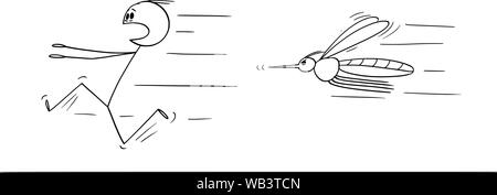 Vektor cartoon Strichmännchen Zeichnen konzeptionelle Darstellung der Mann weg laufen in Angst von Mücke oder Insekt. Stock Vektor