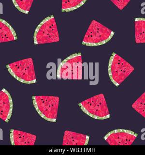 Low Poly Wassermelonen auf einem violetten Hintergrund Vektor nahtlose Muster Stock Vektor