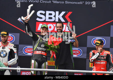 1 JONATHAN REA AL PODIO während Pata Riviera von Rimini Runde 7 World Sbk-Rennen 1, Misano Adriatico, Italien, 22. Jun 2019, Motoren World SuperBike-SBK Stockfoto