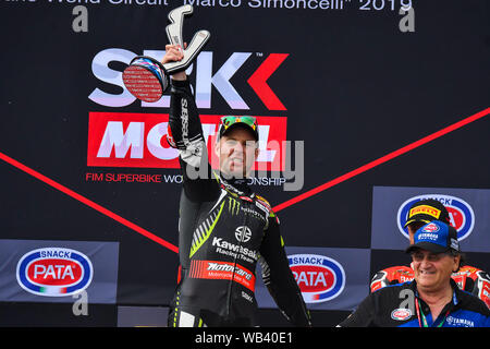 1 JONATHAN REA AL PODIO während Pata Riviera von Rimini Runde 7 World Sbk-Rennen 1, Misano Adriatico, Italien, 22. Jun 2019, Motoren World SuperBike-SBK Stockfoto