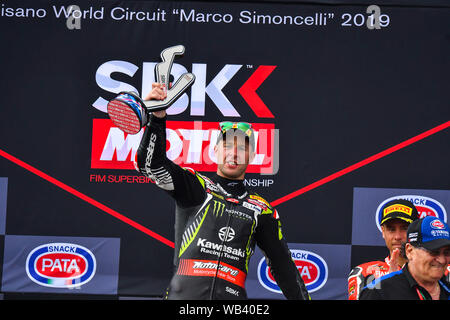 1 JONATHAN REA AL PODIO während Pata Riviera von Rimini Runde 7 World Sbk-Rennen 1, Misano Adriatico, Italien, 22. Jun 2019, Motoren World SuperBike-SBK Stockfoto