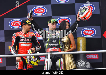 1 JONATHAN REA AL PODIO während Pata Riviera von Rimini Runde 7 World Sbk-Rennen 1, Misano Adriatico, Italien, 22. Jun 2019, Motoren World SuperBike-SBK Stockfoto