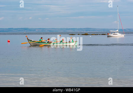 North Berwick, Schottland, Großbritannien, 24. August 2019. Farbenfrohe Ruderskiffe, die an der Regatta aus 12 Clubs in ganz Schottland teilnehmen, treten an einem heißen sonnigen Wochenende an, und rudern 2.5 km um Craigleith Island herum. Der St. Ayle's Skiff ist ein traditionelles Ruderboot mit 4 Ruderbooten. Das Rowporty Coastal Ruderclub Boot und Team Stockfoto