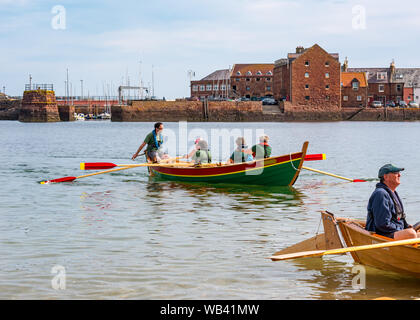 North Berwick, Schottland, Großbritannien, 24. August 2019. Farbenfrohe Ruderskiffe, die an der Regatta aus 12 Ruderclubs in ganz Schottland teilnehmen, treten an einem sonnigen Tag an und rudern 2.5 km um Craigleith Island herum. Der St. Ayles-Skiff ist ein traditionelles Ruderboot mit 4 Ruderbooten Stockfoto