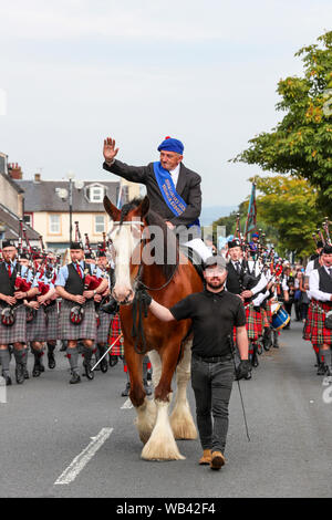 Irvine, UK. 24. August 2019. Von Irvine Marymass Festival ist ein historisches Ereignis, das als mittelalterliche Horse Show begann und ist jetzt der größte Festival im Westen von Schottland zieht über 20.000 Besucher jährlich. Diese historische Festzug durch "Die Irvine Carters 'Gesellschaft', die zuerst für Unternehmen und gemeinnützige Zwecke gebildet wurde, und kann seine Ursprünge zurück bis 1753 Trace organisiert. Bild von Willie GEDDES die Fuhrleute Geschäftsjahr, Apollo, einem 13 Jahre alten Clydesdale Wallach. Credit: Findlay/Alamy leben Nachrichten Stockfoto