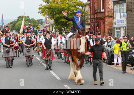 Irvine, UK. 24. August 2019. Von Irvine Marymass Festival ist ein historisches Ereignis, das als mittelalterliche Horse Show begann und ist jetzt der größte Festival im Westen von Schottland zieht über 20.000 Besucher jährlich. Diese historische Festzug durch "Die Irvine Carters 'Gesellschaft', die zuerst für Unternehmen und gemeinnützige Zwecke gebildet wurde, und kann seine Ursprünge zurück bis 1753 Trace organisiert. Bild von Willie GEDDES die Fuhrleute Geschäftsjahr, Apollo, einem 13 Jahre alten Clydesdale Wallach. Credit: Findlay/Alamy leben Nachrichten Stockfoto