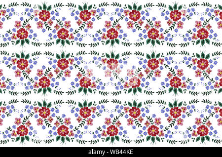 Nahtlose weißen Hintergrund von Stickerei Blumensträuße mit roten und violetten Blüten und Blätter Stockfoto