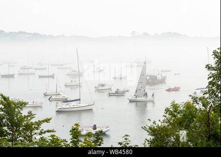 Schull, West Cork, Irland. 24 Aug, 2019. Der Nebel umhüllt die Boote in Schull Hafen an einem bewölkten, aber feuchter Tag in West Cork. Regen wird in dem Bereich bewegen, am Nachmittag mit Höhen von 17 bis 19 Grad. Credit: Andy Gibson/Alamy leben Nachrichten Stockfoto