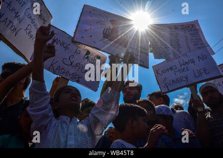 Srinagar, Indien. 23 Aug, 2019. Kaschmir Demonstranten halten Plakate hoch, während der Rallye. eine Rallye wurde in Srinagar Stadt nach der Entscheidung durch die zentrale Regierung, Artikel 370 Die besondere Status in Jammu und Kaschmir Zuschüsse für Schrott gehalten. Credit: SOPA Images Limited/Alamy leben Nachrichten Stockfoto