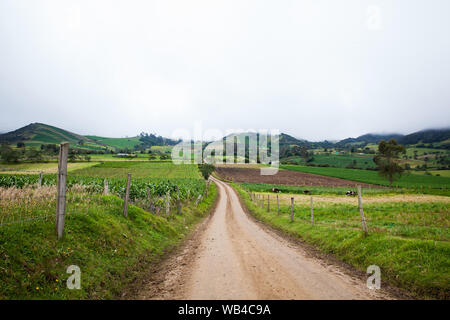 Unbefestigte Landstraße zwischen den kleinen Städten des Ventaquemada und Turmeque in Kolumbien Stockfoto
