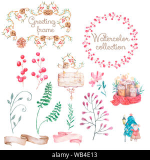 Light Merry Christmas Aquarell floralen Hintergrund mit natürlichen Baum Äste und Zapfen in handgezeichneten Stil Illustration. Grußkarte, Einladung, Rahmen Stockfoto