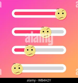 Zweifel lächeln Schieberegler für Geschichten im sozialen Netz. Gelb lustiger Ausdruck für Insta Geschichte, emoji soziale Folie, Ui für Kommentar und Antwort illustr Stock Vektor