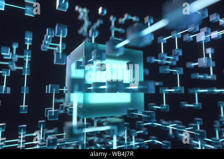 Leuchtende Linien und Würfel, technischen und wissenschaftlichen Hintergrund, 3D-Rendering. Computer digitale Zeichnung. Stockfoto