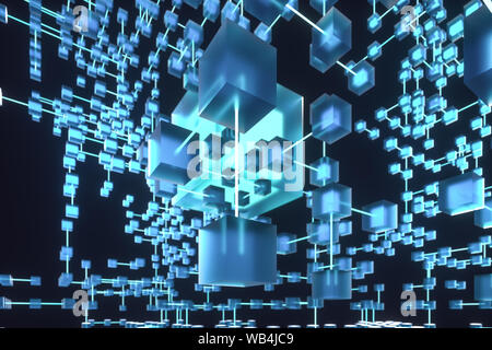 Leuchtende Linien und Würfel, technischen und wissenschaftlichen Hintergrund, 3D-Rendering. Computer digitale Zeichnung. Stockfoto