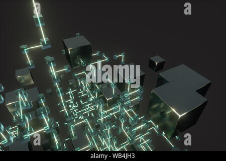 Leuchtende Linien und Würfel, technischen und wissenschaftlichen Hintergrund, 3D-Rendering. Computer digitale Zeichnung. Stockfoto