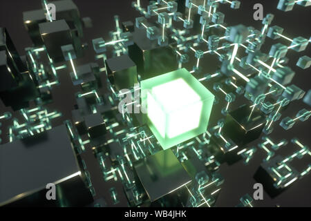 Leuchtende Linien und Würfel, technischen und wissenschaftlichen Hintergrund, 3D-Rendering. Computer digitale Zeichnung. Stockfoto