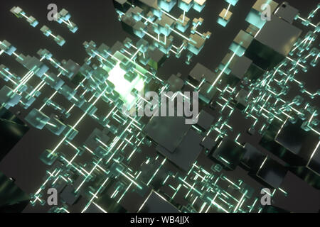 Leuchtende Linien und Würfel, technischen und wissenschaftlichen Hintergrund, 3D-Rendering. Computer digitale Zeichnung. Stockfoto