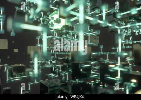Leuchtende Linien und Würfel, technischen und wissenschaftlichen Hintergrund, 3D-Rendering. Computer digitale Zeichnung. Stockfoto