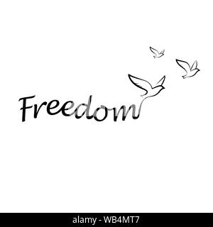 Vögel fliegen von Freiheit Slogan. Freiheit Konzept. Vögel Silhouetten erstellt der Freiheit Text. Freiheit logo Vorlage. Stock Vektor