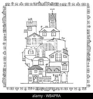 Hand doodle Häuser in Schwarz und Weiß gezeichnet. Nach Färbung Seite. Zentangle Malbuch. Vector Illustration. Stock Vektor