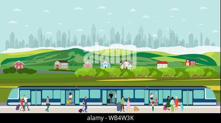 Vektor von Menschen in den Zug einsteigen am Bahnhof im Vorort der Stadt megalopolis Stock Vektor