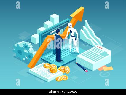 Der Vektor der ein Geschäftsmann und ein Roboter die Hände schütteln stehend auf dem Computer. Konzept der Data Analytics und Key Performance Indikatoren in intelligente busine Stock Vektor