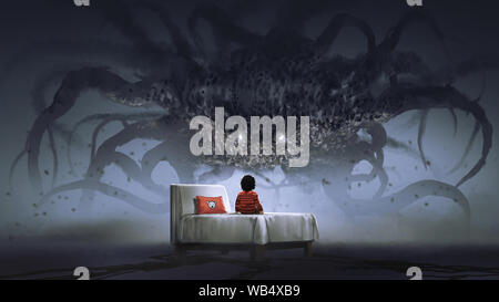 Alptraum Konzept ein Junge auf dem Bett mit Blick auf riesigen Monster im dunklen Land, digital art Stil, Illustration Malerei Stockfoto