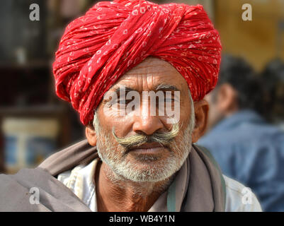 Ältere indische Rajasthani Mann mit rotem Rajasthani Turban (pagari) und gepflegte, grau Lenker Schnurrbart posiert für die Kamera. Stockfoto