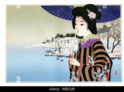 [1920s Japan - Japanische Frau mit Sonnenschirm auf einer Werbung Flyer] - Hikifuda (引札), einen Ausdruck als Werbe Flyer von den lokalen Geschäften. Sie waren populär aus den 1800er bis in die 1920er Jahre. Der Druck zeigt eine schöne Frau im Kimono und traditionelle Frisur Holding einen Sonnenschirm. Im Hintergrund eine bezaubernde Winterlandschaft mit Schnee gesehen werden kann. 20. jahrhundert Vintage Werbung Flyer. Stockfoto