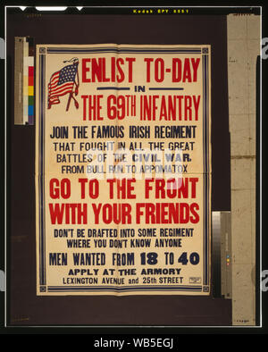 Tragen Sie auf der 69th Infanterie Abstract: Plakat ist meistens Text, mit einer kleinen amerikanischen Flagge. Stockfoto