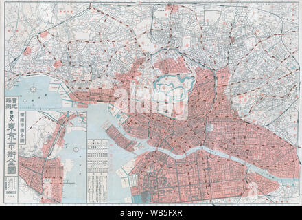 [1920s Japan - Karte von Tokyo 1923] - Karte von Tokyo zeigt in Rot die Bereiche, die durch die Brände des großen Kanto-erdbeben von Sep 1, 1923 zerstört. Die Inset zeigt eine Karte von Yokohama, ebenfalls in rot markiert. Gedruckt am 10.Oktober 1923 (taisho 12), nur einen Monat nach dem Erdbeben stattfand. 20. Jahrhundert vintage Karte. Stockfoto