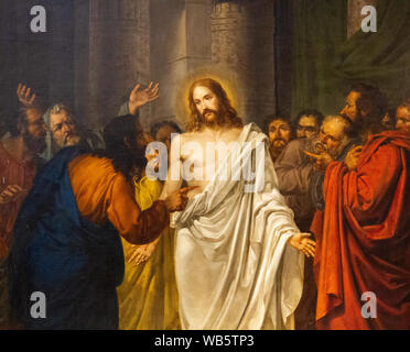 Das Bild des auferstandenen Jesus Christus mit der Apostel Thomas und die anderen Apostel von Sebastiano Santi in "Chiesa dei Santi Apostoli" Kirche. Stockfoto