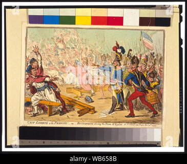 Ausfahrt a la libertè Francois! Oder Buonaparte Schließen der Farce von Egalité, an der St. Cloud bei Paris Novr. 10. 1799; Britischer satire zeigt Napoleon mit seinem grenadiere fahren die Mitglieder des Rates der Fünfhundert aus der Orangerie in St. Cloud bei Bayonet Point. Eine Trommel ist Vive la Liberte, und Papiere unter Fuß lesen Rücktritt des Directoires und Un-liste de Membres du Conseil des Cinque Cent beschriftet. Am 10. November 1799, in einer Bewegung, bekannt als der Staatsstreich der Achtzehnte Brumaire, Napoleon der französischen Regierung beschlagnahmt und installiert sich selbst als Ersten Konsul, danach für Als Stockfoto