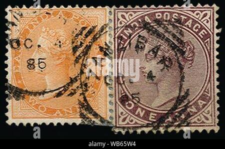 East India porto Queen Victoria Stempel in Sansibar verwendet - Zwei und vier Annas 1865 1882-1885. Stockfoto