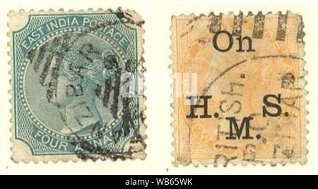 East India porto Queen Victoria Briefmarken in Sansibar verwendet - Zwei und vier Annas 1874-78. Stockfoto
