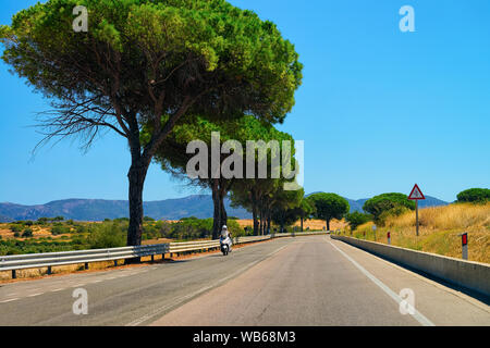 Motorrad an der Straße der Costa Smeralda auf Sardinien in Italien im Sommer. Motorradfahrer fahren Roller auf der Autobahn in Europa. Blick auf Moped am Motor Stockfoto