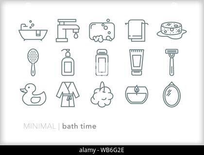 Satz von 15 Bath Time line Symbole zum Schrubben und immer sauber Stock Vektor