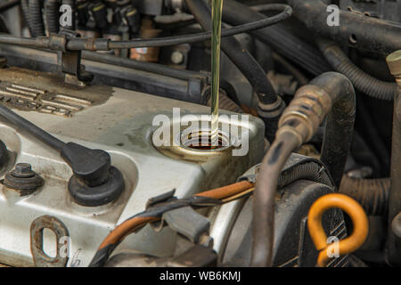 Einfüllen von Öl den Motor. Mechaniker Ölfüllung zum Motor. Stockfoto